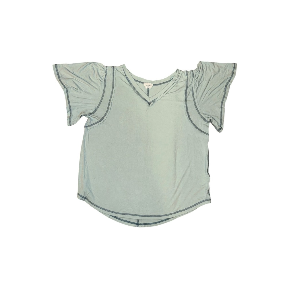 Heyson Flutter Sleeve‎ Top Women Small Light Blue Exposed Seam V-Neck ET1160